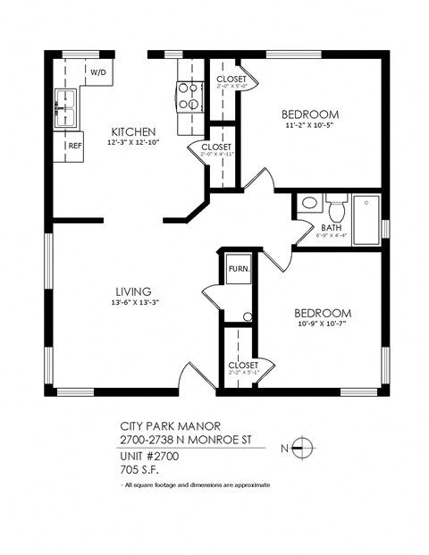 Floor plan for 2 beds, 1 bath, 705 sqft